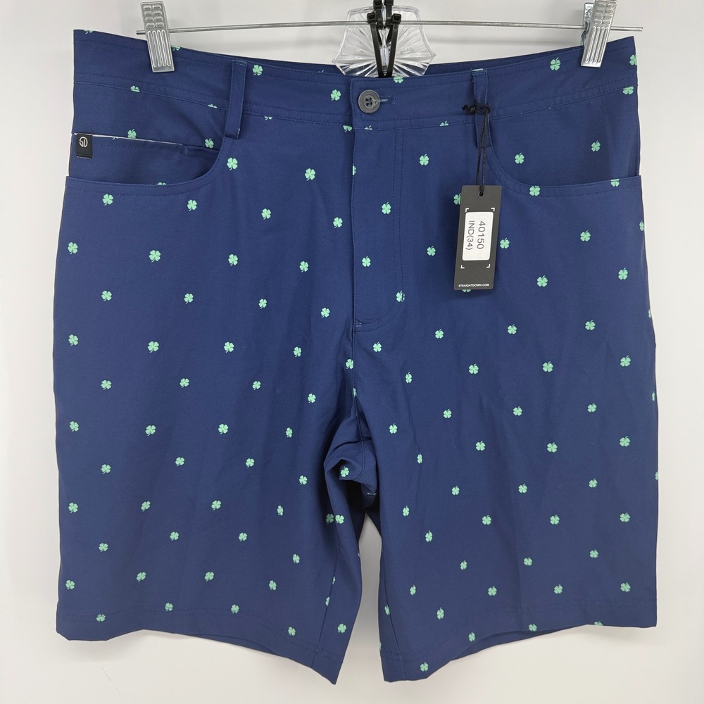 Straight Down Mens Indigo Blue Green Shamrock Golf Shorts Size 34 Missing Tag